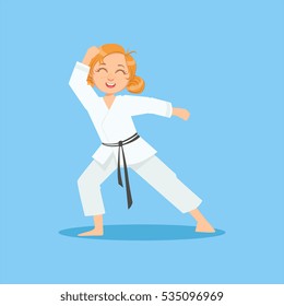 Girl With Ponytails In White Kimono On Karate Martial Art Sports Training Cute Smiling Cartoon Character