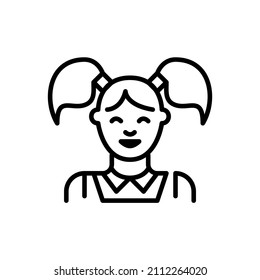 Mädchen mit Ponytails. Junge Studentenavatar. Pixel perfektes, bearbeitbares Strichsymbol