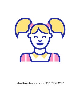 Girl with ponytails. Young student avatar. Pixel perfect, editable stroke fun colored icon