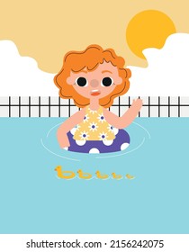 A Girl In A Pool And An Inflatable Circle And A Swimsuit Is Swimming In The Pool , Waving Her Hand , Ducks Are Swimming Near Her