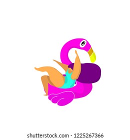 girl in the pool at the pink flamingo, summer time illustration card with girl swimming on pink flamingo float. Vector