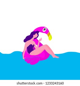 girl in the pool at the pink flamingo, summer time illustration card with girl swimming on pink flamingo float. Vector