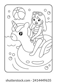 Mädchen im Schwimmbecken mit Einhorn-Bodenbelag-Farbseiten-Illustration