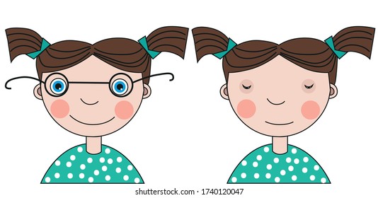 Girl with poor eyesight on the one hand and a girl with glasses on the other