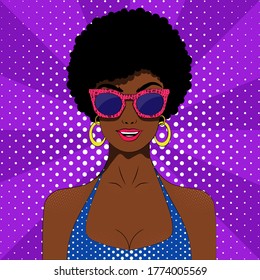 Girl in pop art style with glasses on a purple background.