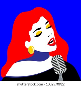 Girl with pop art style sings in blues style. Bright color illustration of a girl.