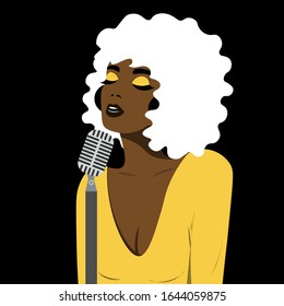 Girl with pop art style sings in blues style. Bright color illustration of a girl