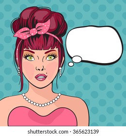 Girl pop art. Thoughtful woman with open mouth. Retro comic poster with a woman. Pop Art illustration of a woman with the speech bubble. Vintage advertising poster.Invitation, birthday greeting card