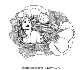 Girl in poppy flowers. Vector linear illustration