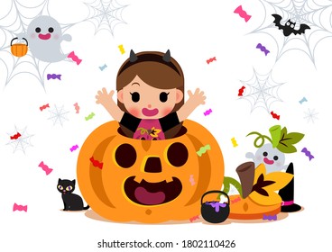 A girl pops out of big pumpkin, to surprise the party on white isolated background. Vector set of cute Characters halloween, halloween elements, illustration. 