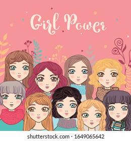 Girl Popwer - lettering slogan. Cute faces of girls on the background of bright spring flowers, vector illustration for greeting cards, advertising banners, invitations.
