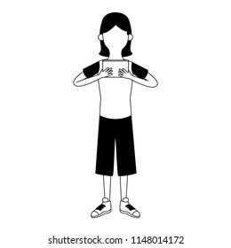 Girl with portable videogame faceless in black and white