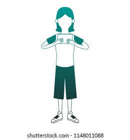 Girl with portable videogame faceless blue lines