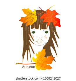 Girl portrait with Autumn leaf theme. isolated on a white background. vector illustration.