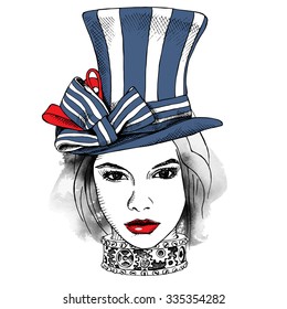 Girl portrait in a blue striped Steampunk top hat with bow. Vector illustration.