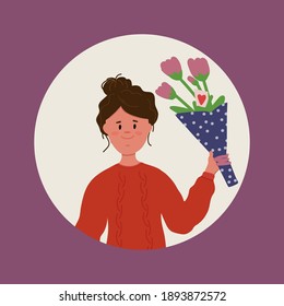 Girl portrait with bouquet. Happy woman with flowers and a postcard. A gift for your loved ones, gifts for Valentine's Day, March 8. Vector illustration