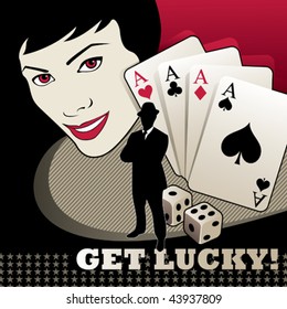 Girl portrait with cards and dices. Vector illustration.