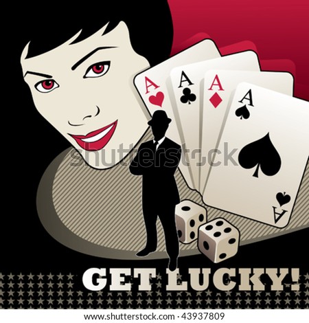 Girl portrait with cards and dices. Vector illustration.