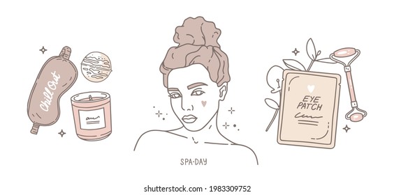 Girl Portrait, Hair Gathered In A Bun. Spa Day Lettering. Sleep Mask, Scented Candle And Bath Bomb. Eye Patches, Jade Facial Massager, Plant Branch. Vector Illustration, Outline Drawing. Stickers Set.