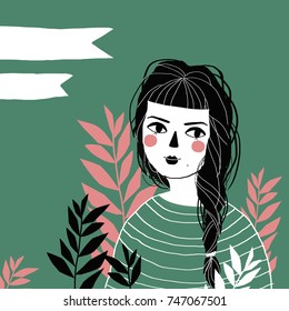 Girl. Portrait with leaves.