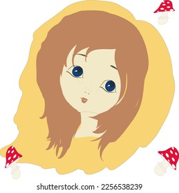 Girl, portrait like a doll, with big eyes, long hair on a yellow background.
Fly agaric mushrooms for decoration

