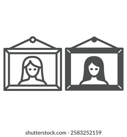 Girl portrait on wall line and solid icon, exhibition concept. Vector graphics. Picture frame with woman sign on white background, outline style icon for mobile or web design