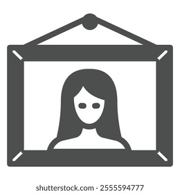 Girl portrait on wall solid icon, exhibition concept. Vector graphics. Picture frame with woman sign on white background, glyph style icon for mobile or web design