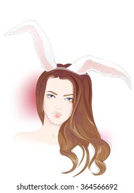 Girl Portrait in Realistic Manner. Woman with Rabbit Ears. Character Concept for Easter. Vector Illustration.
