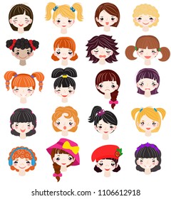 Girl portrait vector female girlie character face of woman with hairstyle and cartoon person girlfriend illustration set of beautiful girlish facial features isolated on white background