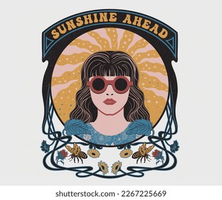 ilustración vectorial de retratos de niñas, diseño de impresión floral art nouveau con tipografía, diseño de impresión retro vintage para mujeres, niñas con sol y arte floral 