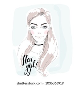 Girl portrait vector watercolor. Young beautiful woman with long natural hair background