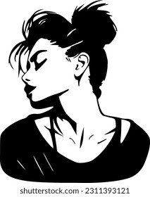 Girl portrait view messy bun haircut vector illustration, black outlines isolated