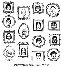 Girl portraits - cute hand drawn picture frames with women