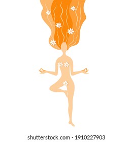 Girl in a pose of calm. Yoga. Red hair with daisies. Chamomile on the body. Flat style. Chamomile. Women's Day. Girl. Suitable for special editions, posters and postcards.