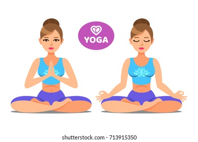 Girl in pose of yoga. Lotus pose. Woman going yoga exercise. Meditation or relaxation. Vector illustration