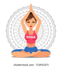 Girl in pose of yoga. Lotus pose. Woman going yoga exercise. Meditation or relaxation. Vector illustration