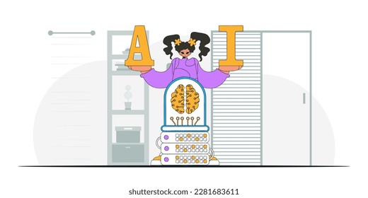 Girl poses with AI brain, modern look, vector art.