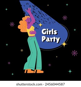 A girl poses and dances at a disco. A colourful funky hand-drawn illustration.