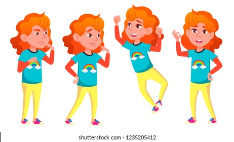 Girl Poses Set Vector. High School Child.  For Advertising, Booklet, Placard Design. Isolated Cartoon Illustration
