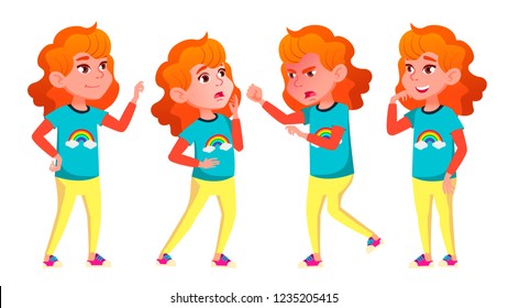 Girl Poses Set Vector. High School Child. Schoolchildren, Teen. For Web, Poster, Booklet Design. Isolated Cartoon Illustration
