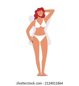Girl Posing in Bikini Linen, Woman with Hourglass Body Shape, Female Character Figure Type with Wide Shoulders, Hips and Narrow Waist, Isolated on White Background. Cartoon People Vector Illustration