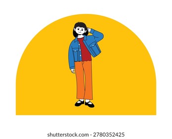 Girl posing, blue denim jacket over a red top, orange wide-leg pants, black mary-jane flats; one hand raised behind her head.