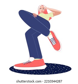 Girl posing  bottom view  pink sneakers  long legs  flat illustration  isolated