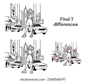 Girl posing in the middle of the street in New York. Find 7 differences. Tasks for children. Vector illustration