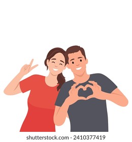 Muchacha posa un signo de paz mientras se apoya en el hombro de su novio y el hombre hace una señal de amor. Una pareja joven pasa tiempo juntos. Ilustración vectorial plana aislada en fondo blanco