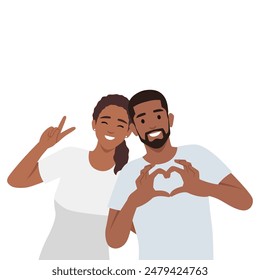 Girl posing peace sign while leaning on her boyfriend's shoulder and man making love sign. Flat vector illustration isolated on white background