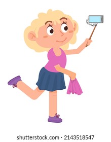 Girl Posing With Phone On Selfie Stick. Funny Cartoon Kid