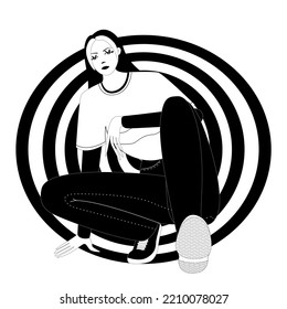 Girl posing, squatting, holding hands, color illustration isolated on white background