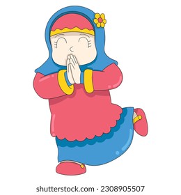 the girl is posing to welcome the Eid al Fitr Muslim community. vector design illustration art