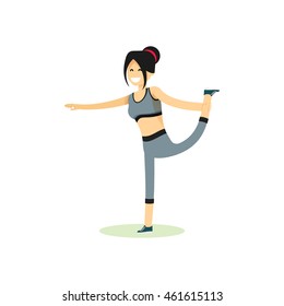 Girl posing yoga pose. Women character exercises yoga, isolated on white background. Person banner healthy lifestyle. Woman involved in sports, vector illustration